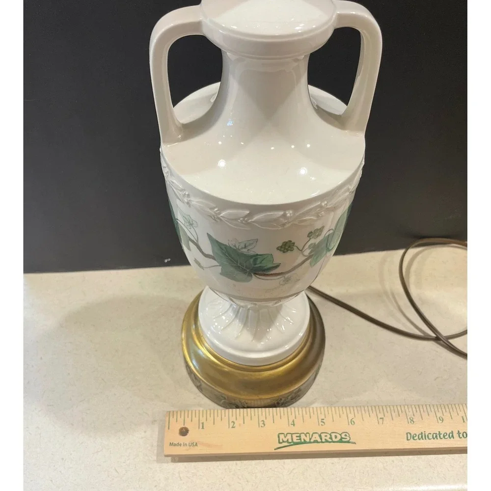 Vintage Neoclassical Ceramic Urn Table Lamp with Green Ivy Vine 3 way Working
